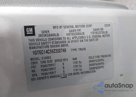 2009 GMC Sierra 1500 Work Truck z USA, uszkodzony, nr VIN 1GTEC14C39Z202749